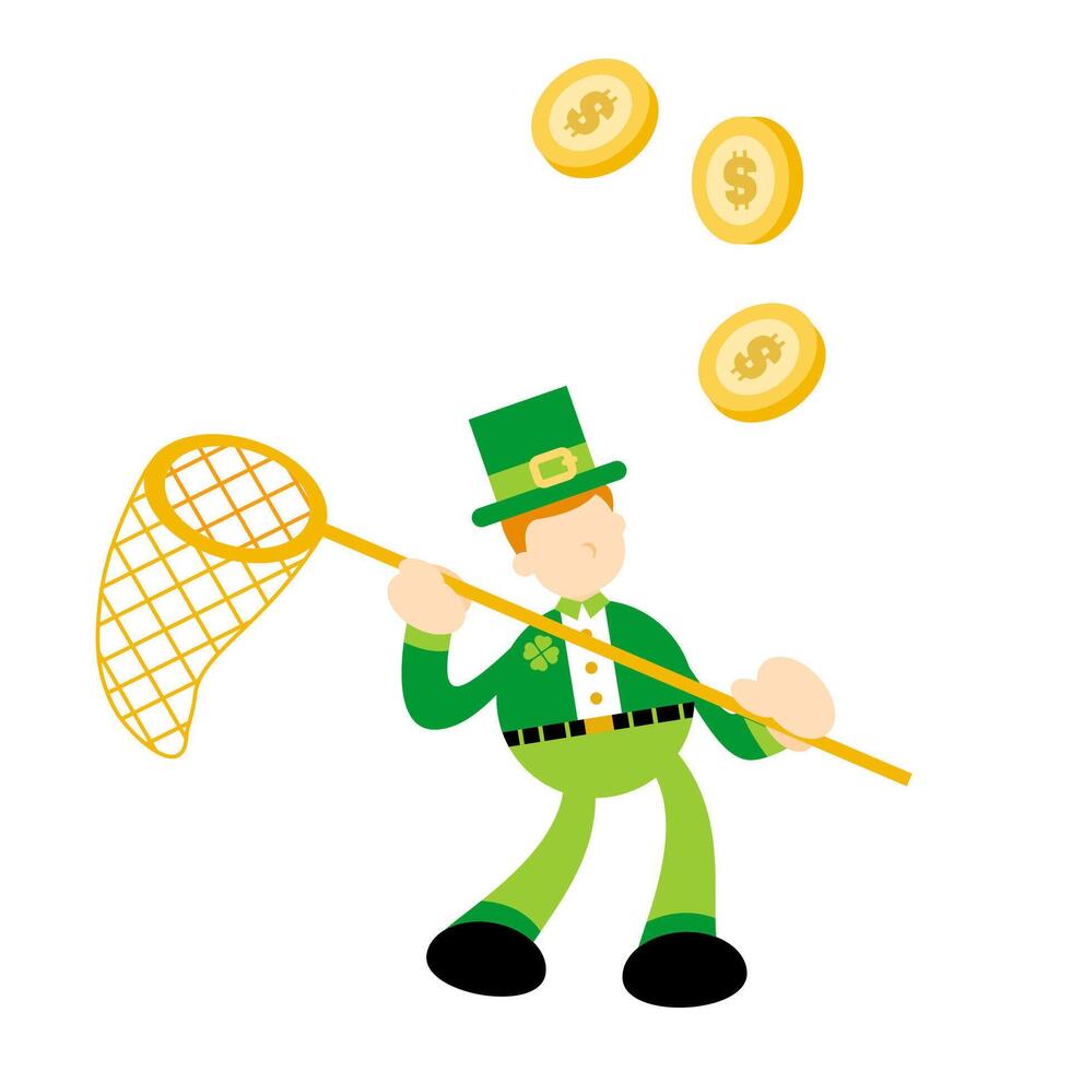A cartoon leprechaun holding a net and catching coins vector