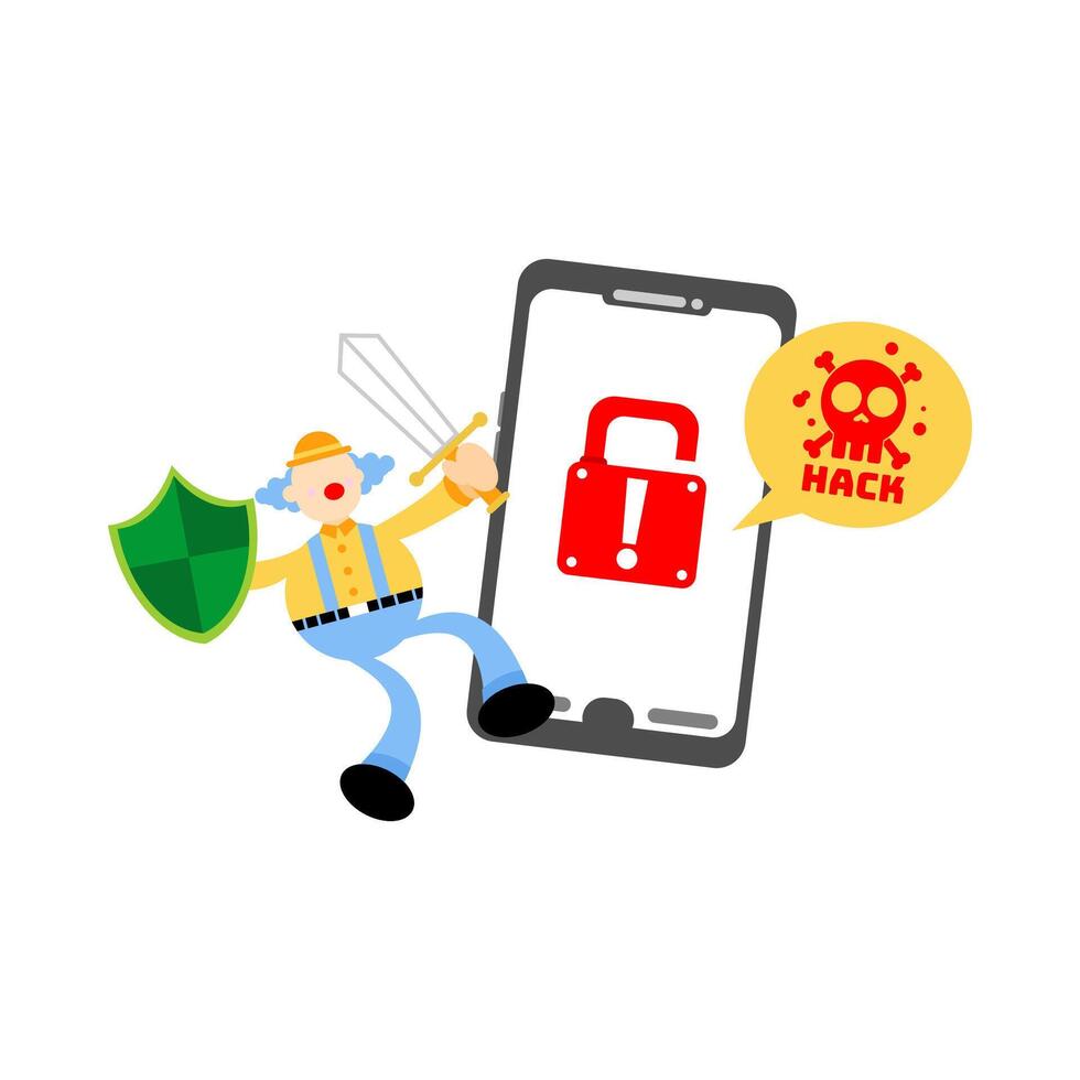 A cartoon man holding a phone with a lock on it vector