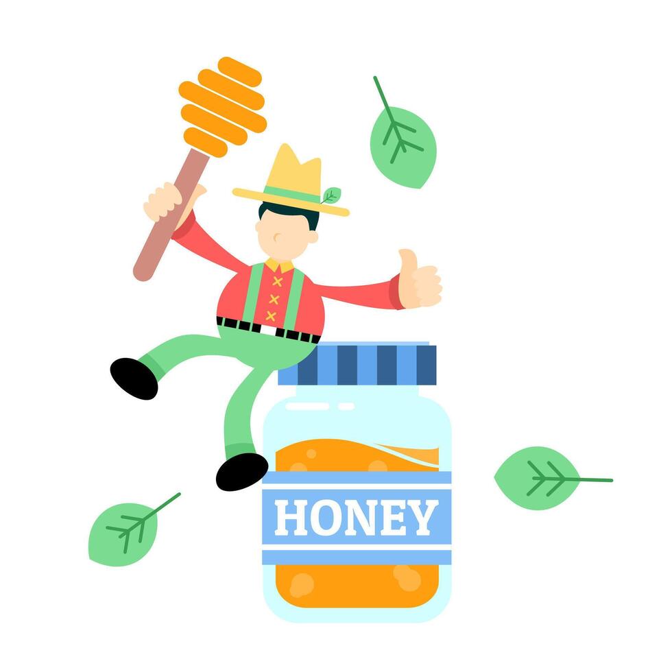 Honey man with jar of honey and leaves illustration vector