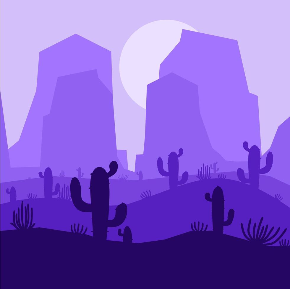 Desert landscape with cactus plants and mountains at night vector