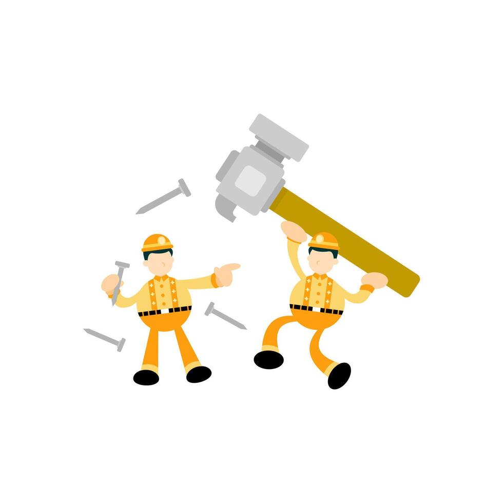 Two men in orange work clothes holding a hammer vector