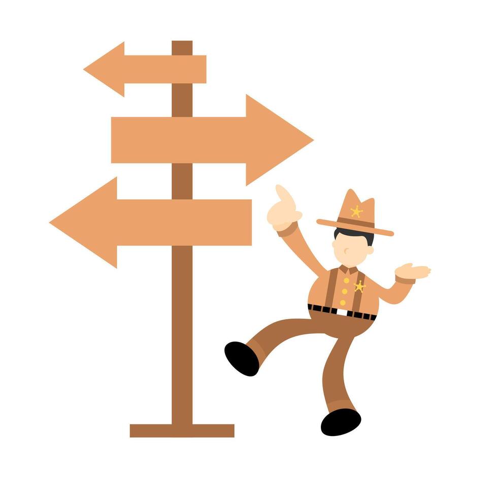 A man in cowboy hat standing next to a sign pointing in different directions vector