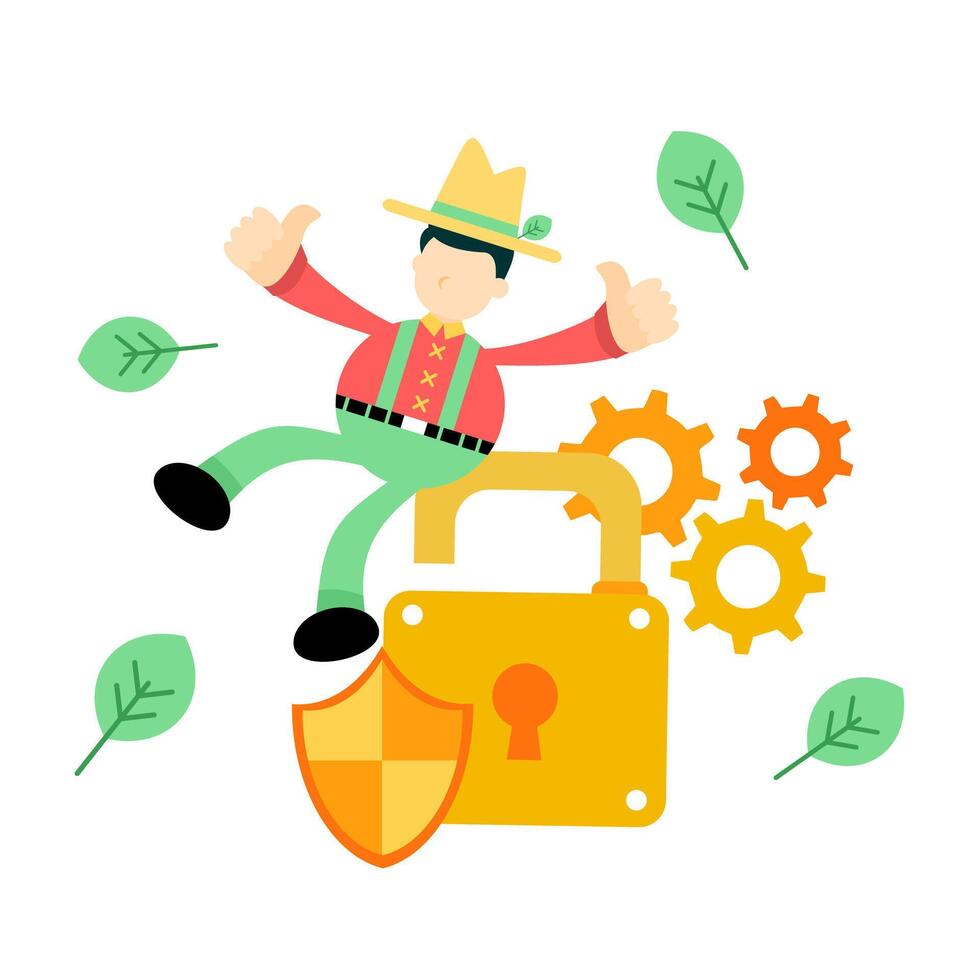 A man in a hat and hat is sitting on top of a padlock vector