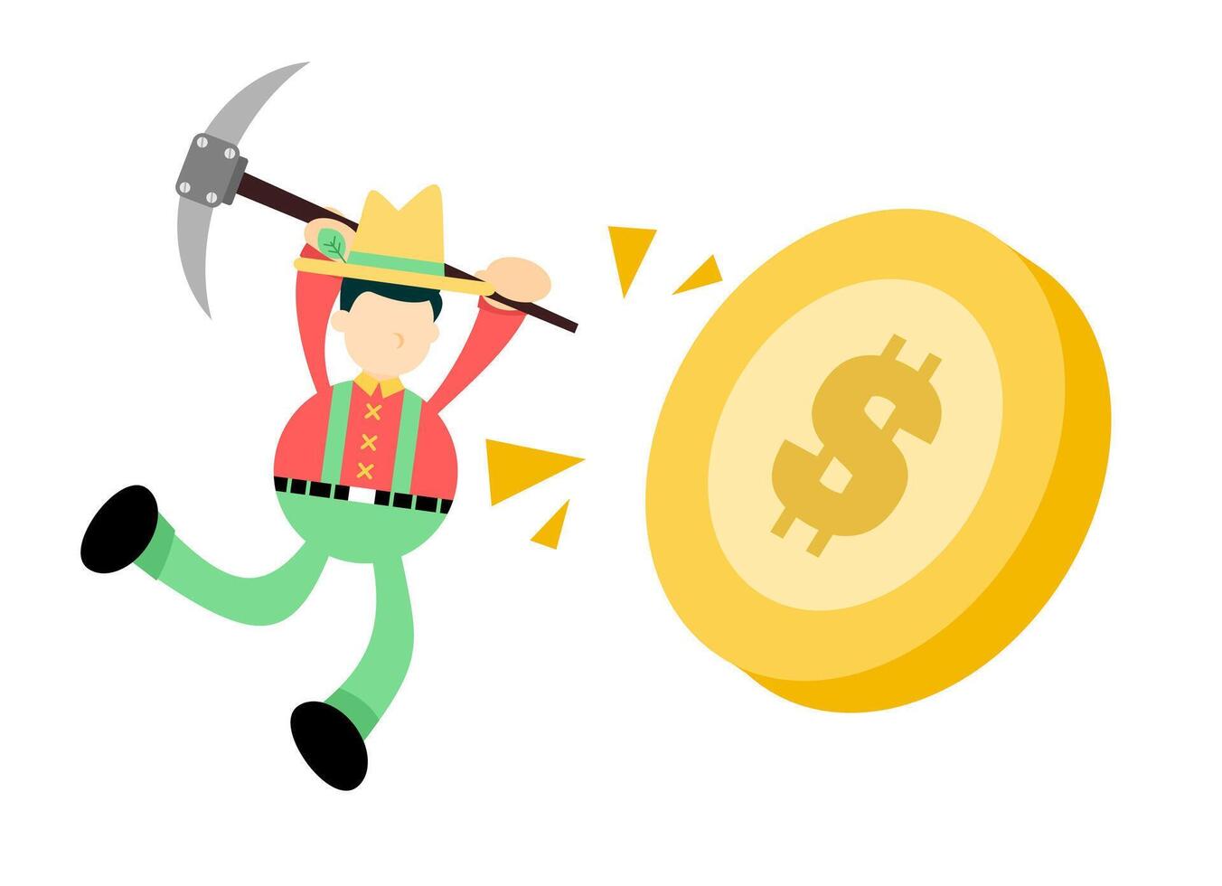 A cartoon man with a pickaxe and a dollar coin vector