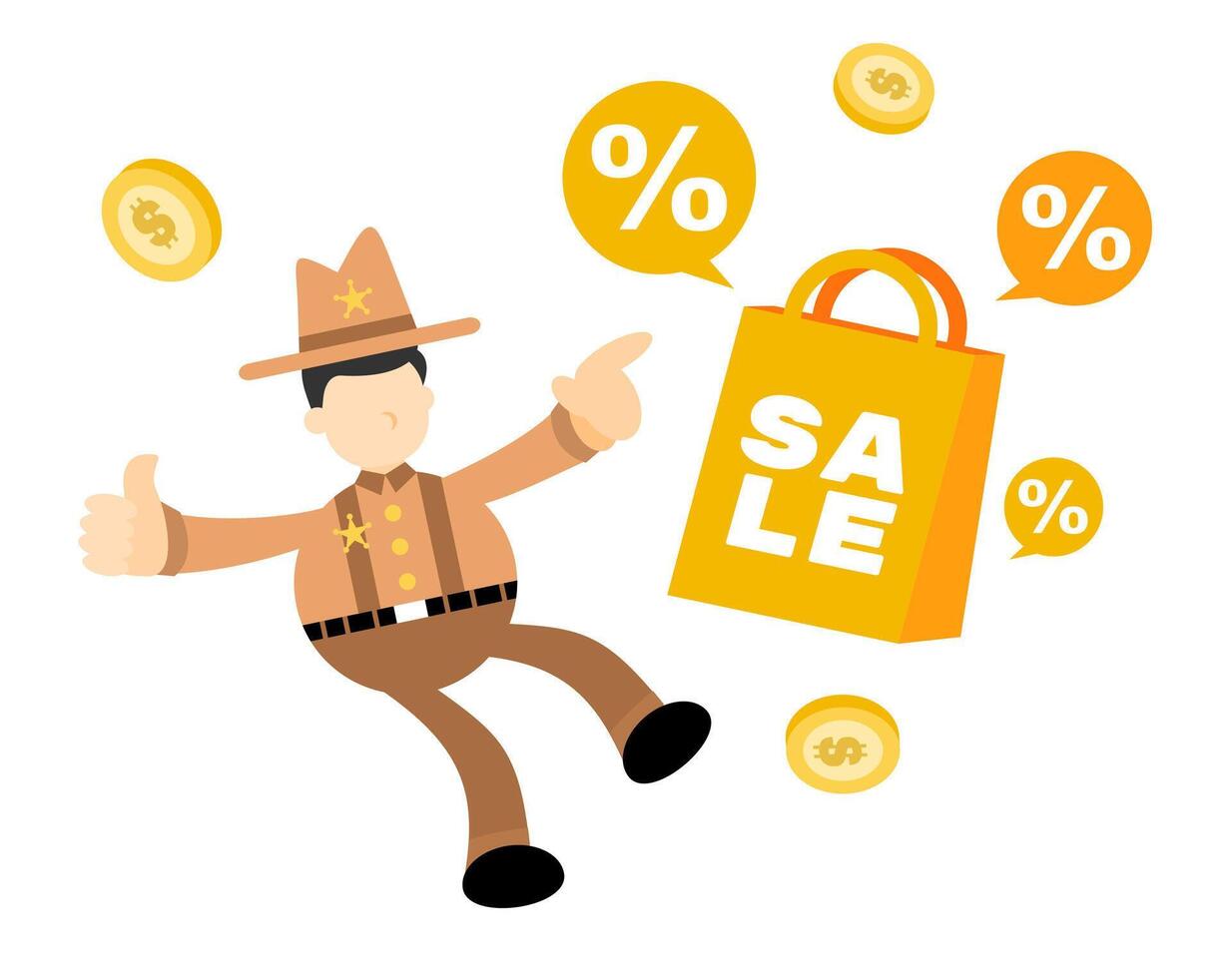 A cartoon man in a cowboy hat is holding a shopping bag with a sale sign vector