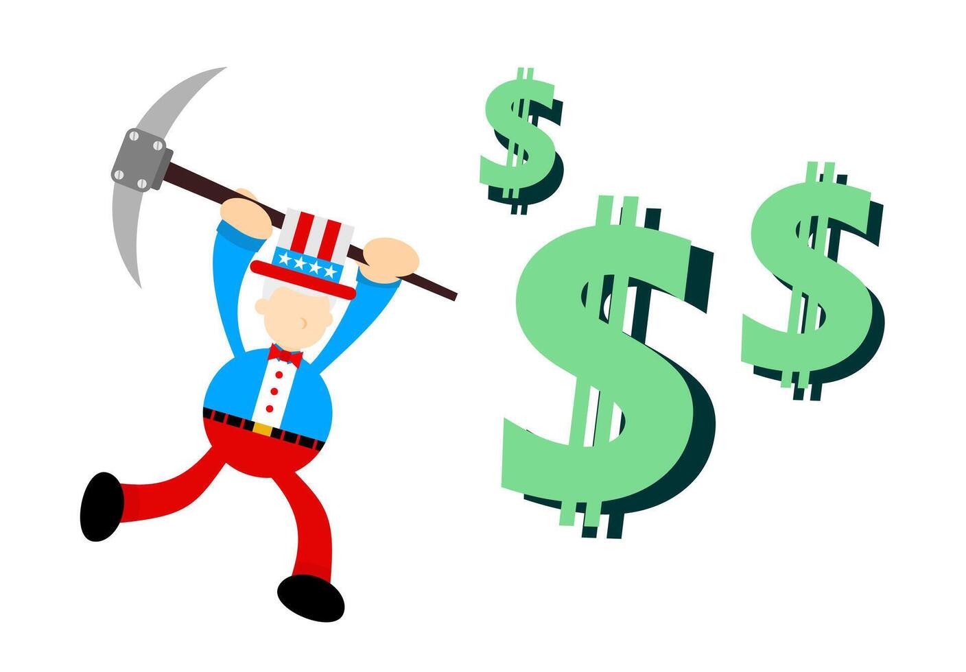 A cartoon man holding a pickaxe and a dollar sign vector