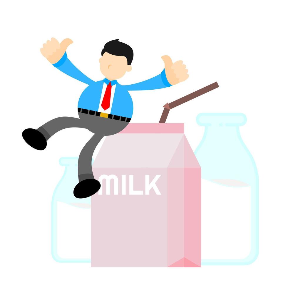 Cartoon businessman jumping on milk carton vector