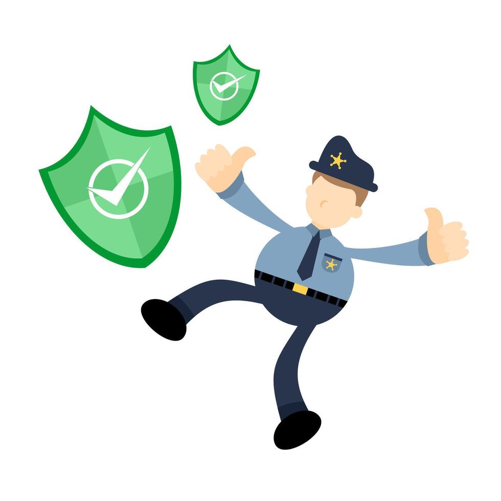 A cartoon policeman jumping with a shield vector