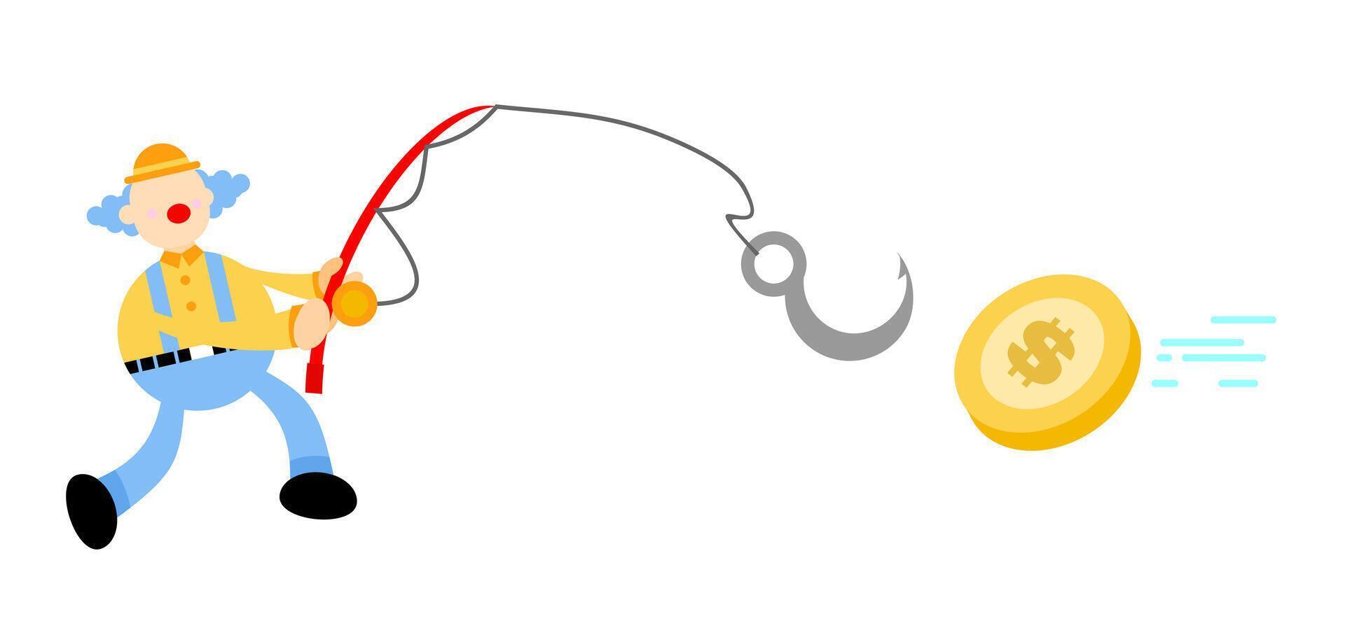 A cartoon man is holding a fishing rod and a coin vector