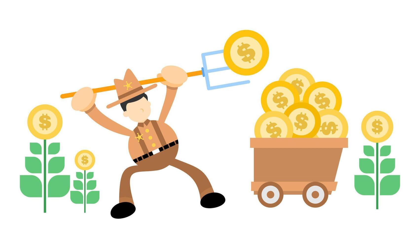A cartoon man with a pitchfork and a wheelbarrow full of money vector