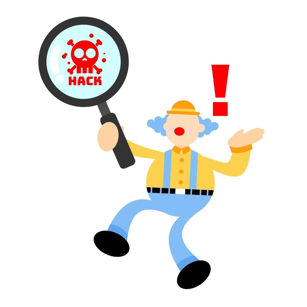 A cartoon man holding a magnifying glass with the word hack vector