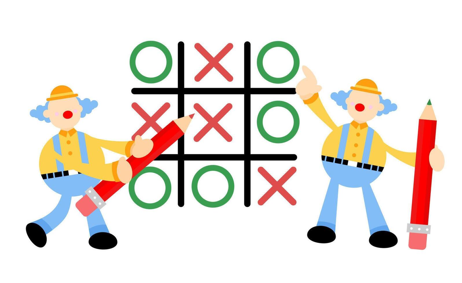 Two clowns playing tic tac toe on a white background vector