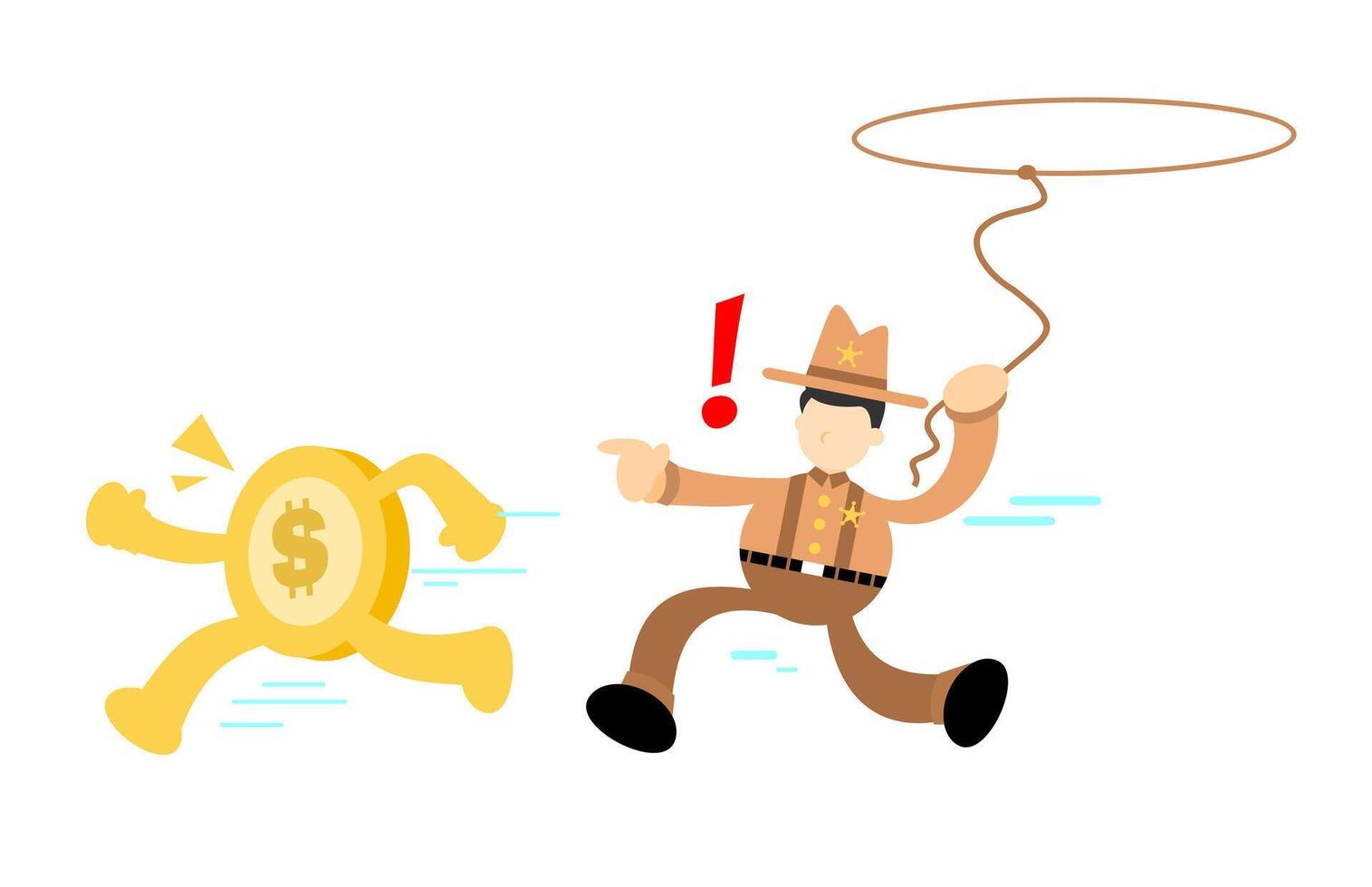 A cartoon man chasing a coin with a rope vector