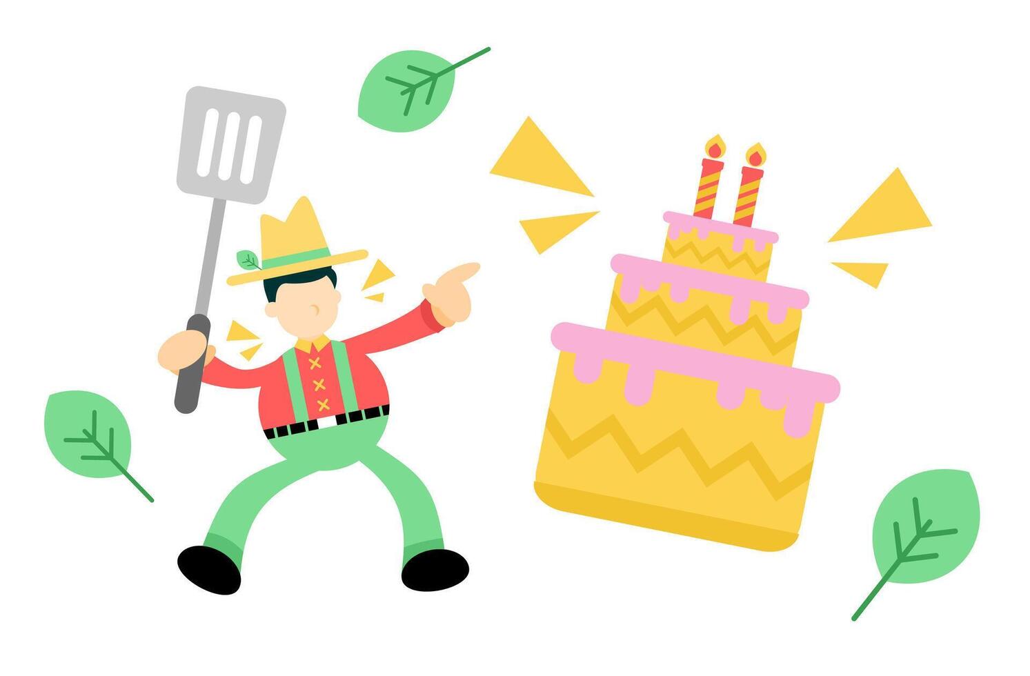 A man holding a spatula next to a cake vector
