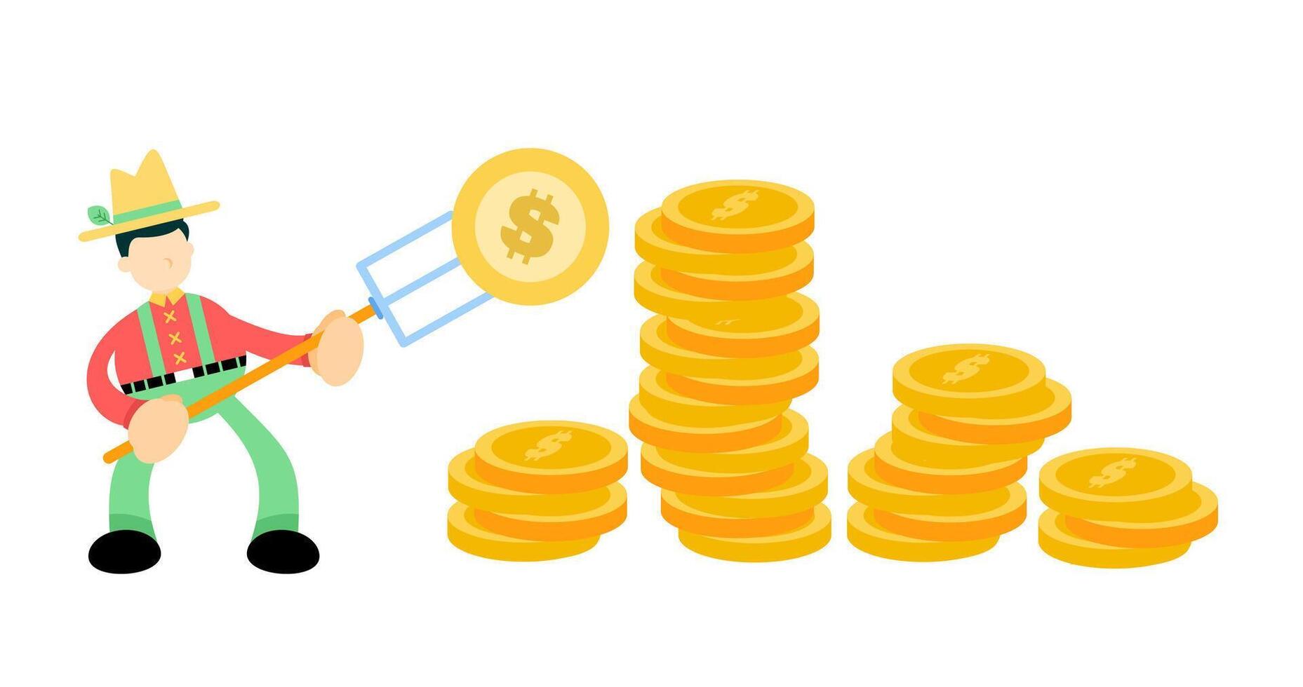 A man is holding a rake and a pile of coins vector