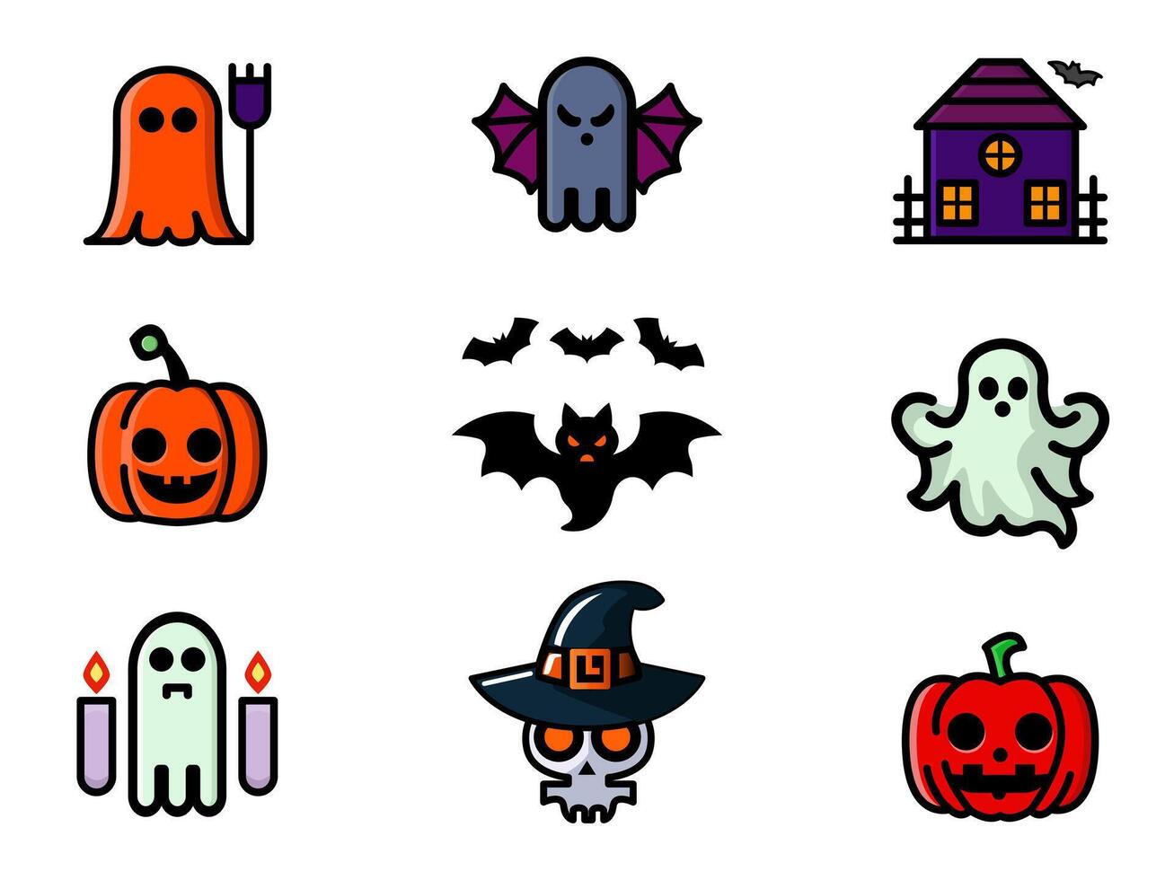 Halloween elements cartoon pumpkins, ghosts, skull, bats and others. Doodle art set illustration. vector