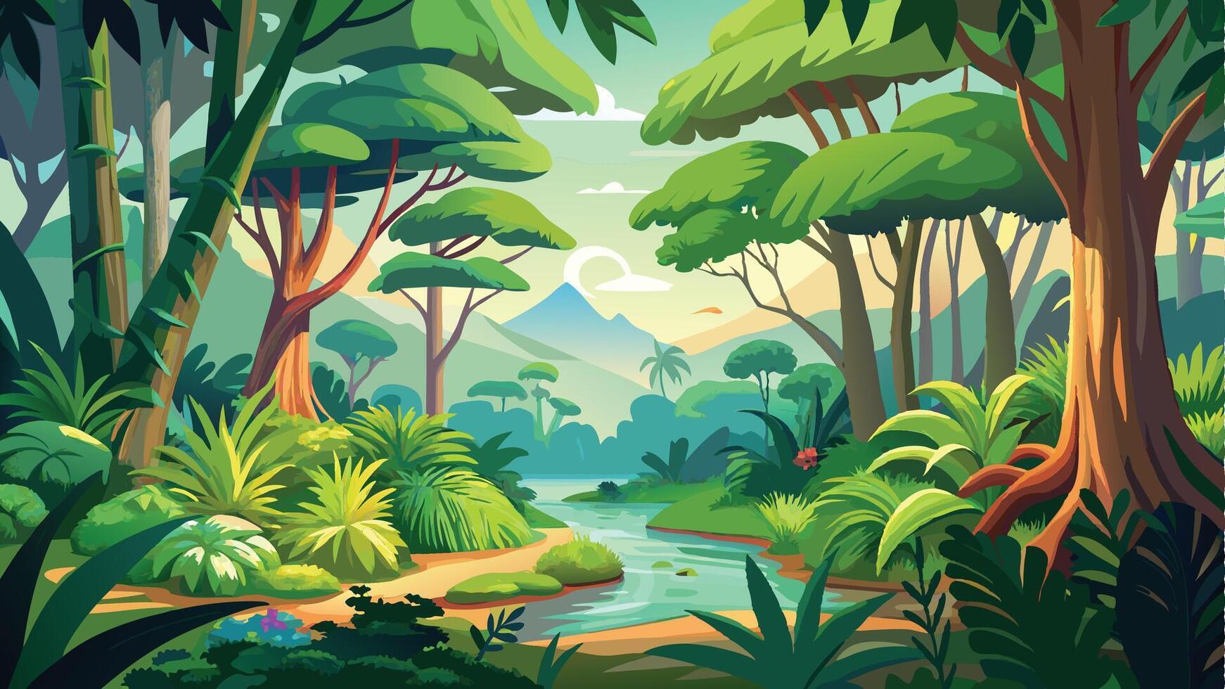 illustration of jungle landscape with river and trees vector