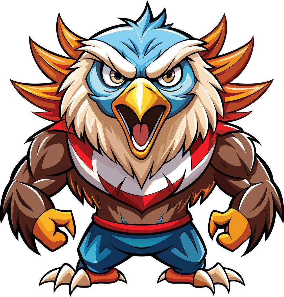 An angry cartoon eagle with a red and blue shirt vector