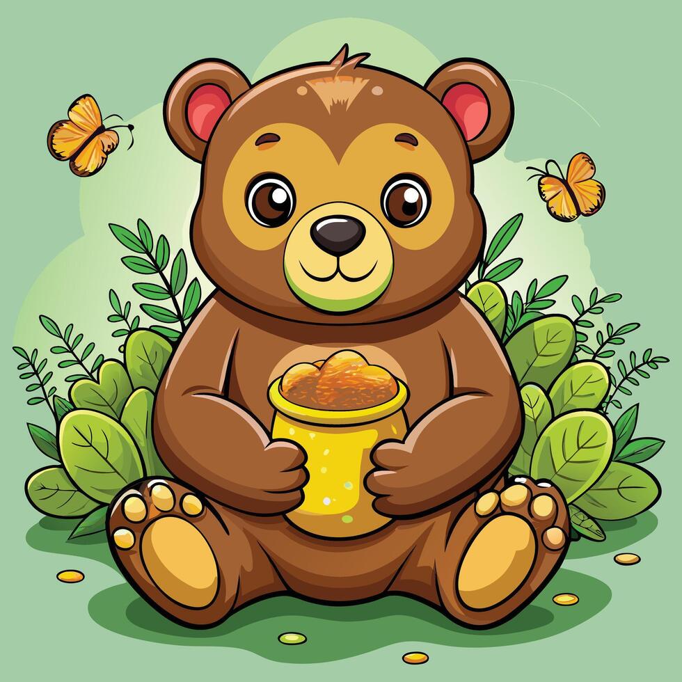 A cartoon bear sitting in the grass with a yellow jar vector