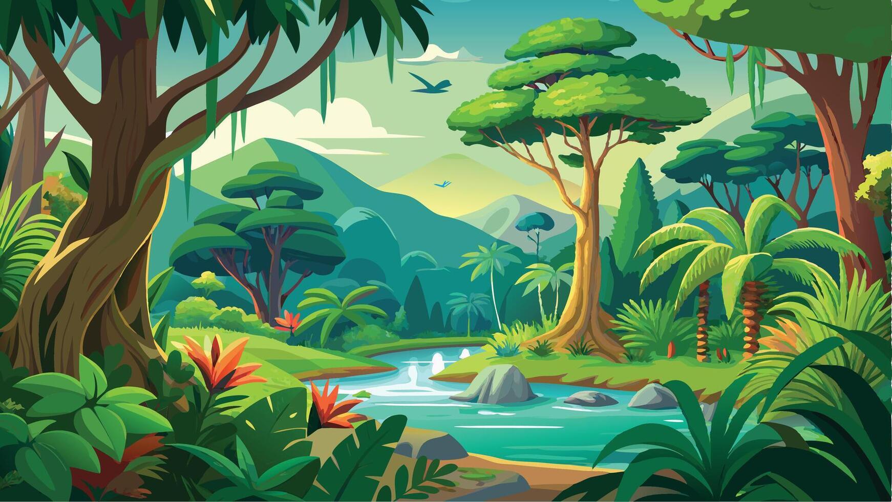 illustration of tropical jungle landscape with river and trees vector