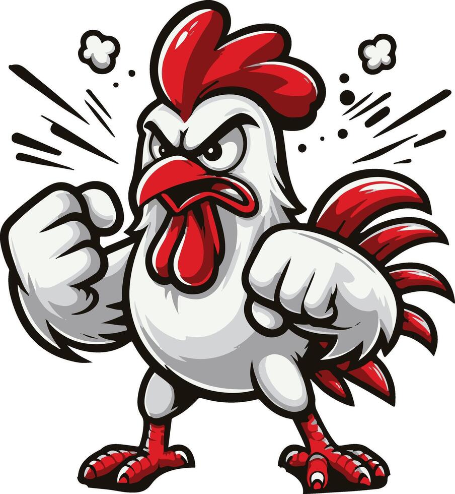 A cartoon chicken with a fist up and angry expression vector