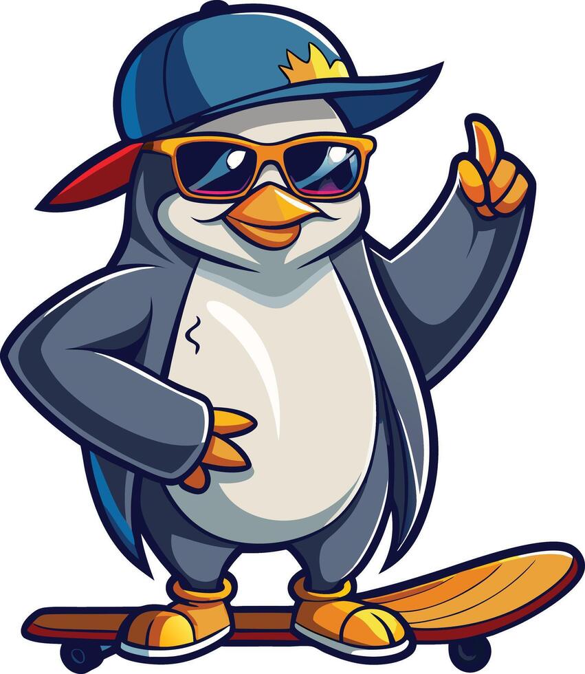 A cartoon penguin wearing sunglasses and a cap on a skateboard vector