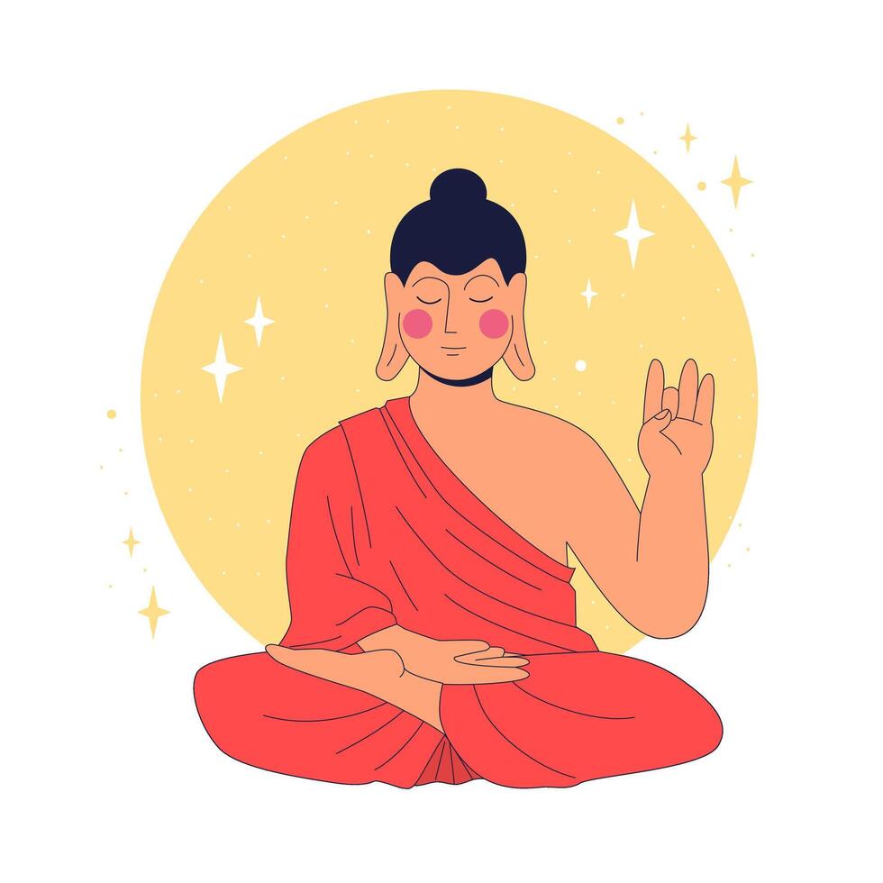 Buddha in lotus position meditating showing Gyan mudra gesture with moon in background. Concept of enlightenment and spiritual purity vector