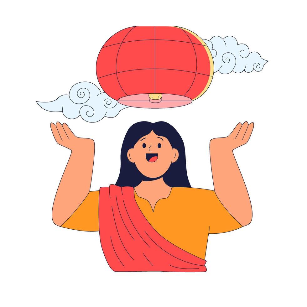 female monk releases a paper lantern into the sky to celebrate Buddha's birthday, Visakha. Concept of striving for enlightenment and peaceful coexistence vector