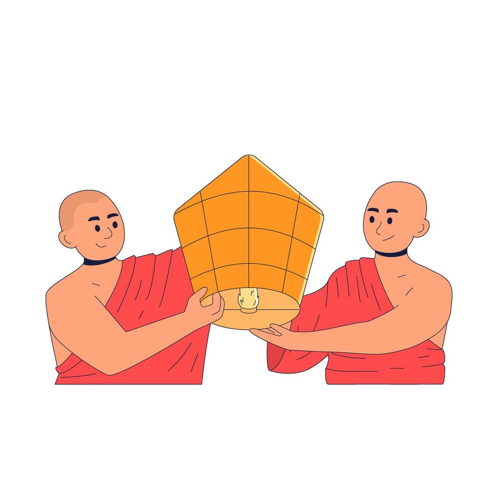 Two young bald monks release a paper lantern into the sky to celebrate Buddha's birthday, Visakha. Concept of striving for enlightenment and peaceful coexistence vector
