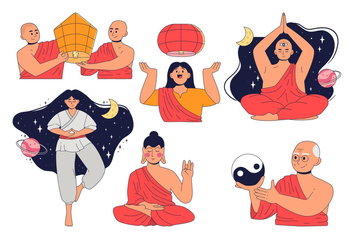 Set of Buddhist philosophy. Buddhist monks old and young women and men meditate, interpret the teachings of karma, celebrate the birth of Buddha vector