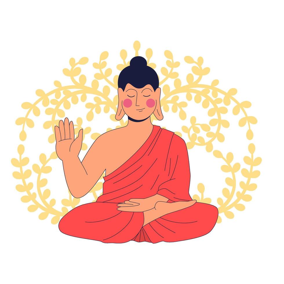 Buddha in lotus position meditating showing Abhaya mudra of protection gesture with tree of life in background. Concept of enlightenment and spiritual purity vector
