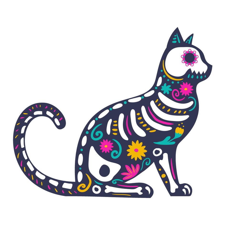 Side view of a cat skeleton decorated with flowers and decorative elements. Festive animal for the Mexican Day of the Dead, Dia de los Muertos. vector