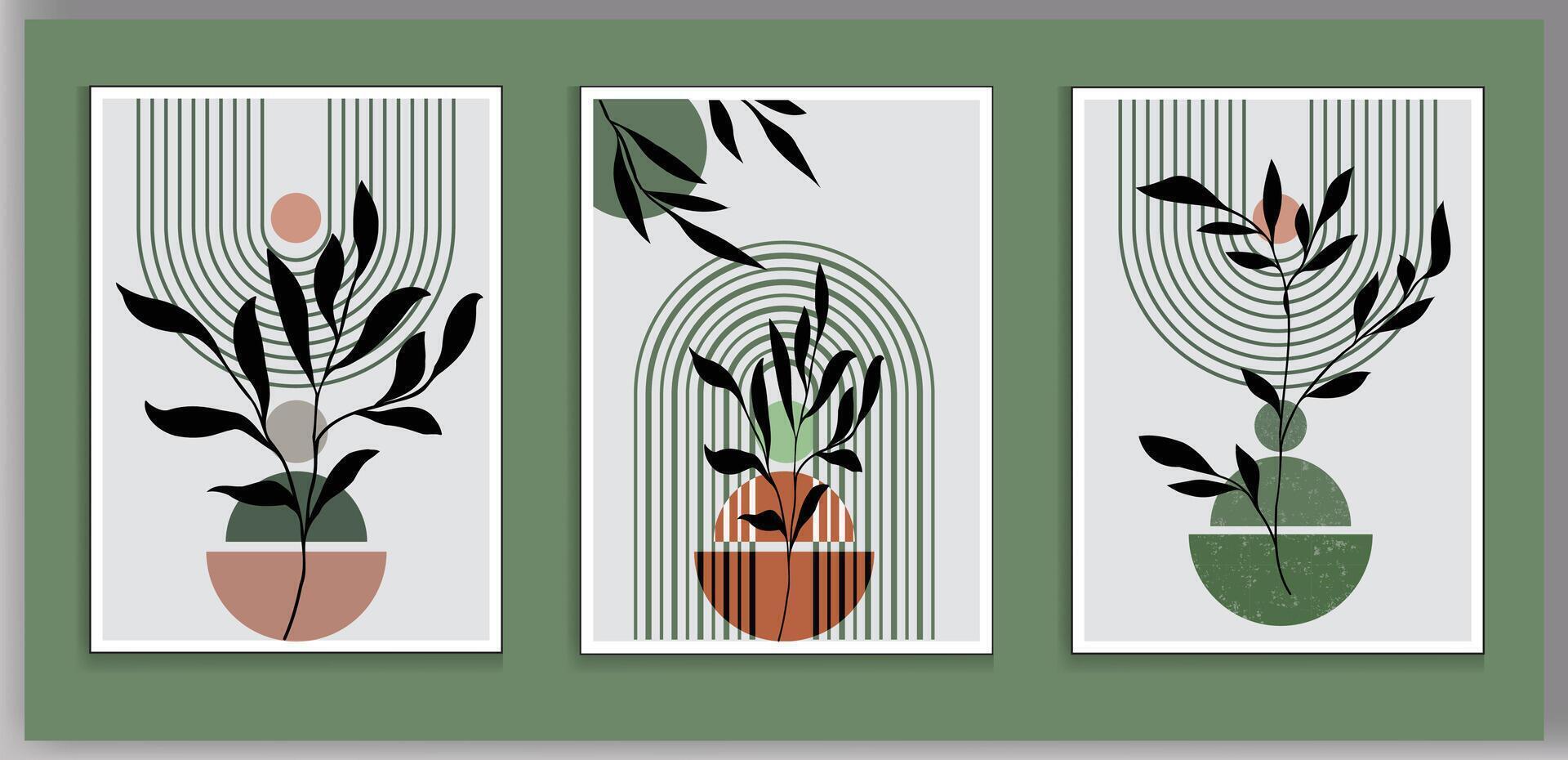 Hand drawn flat design boho wall art set in mid century style vector