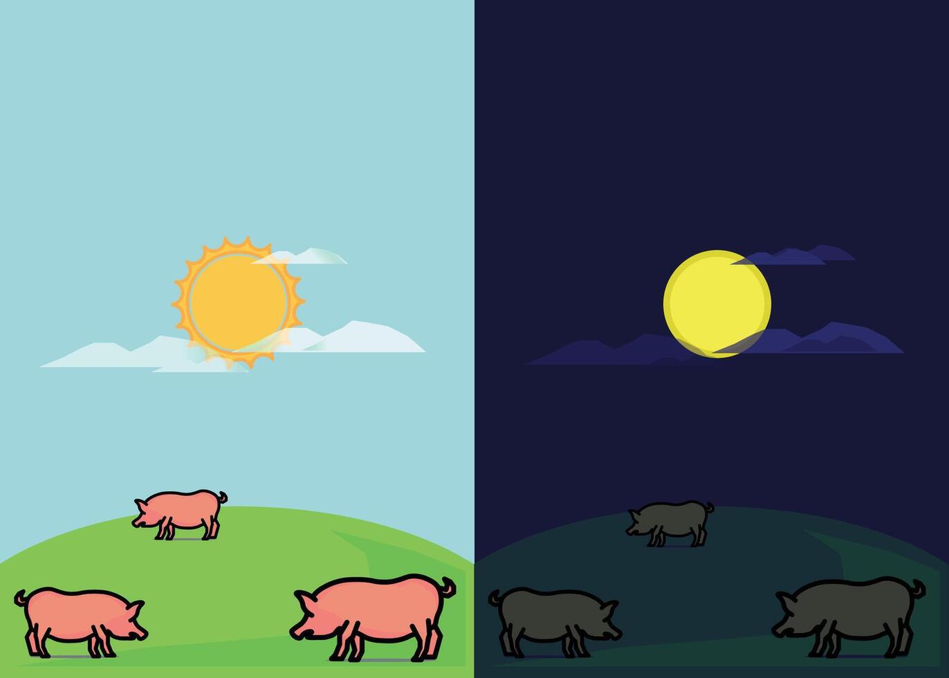 Pig Farm in Day and Night Atmosphere Background vector