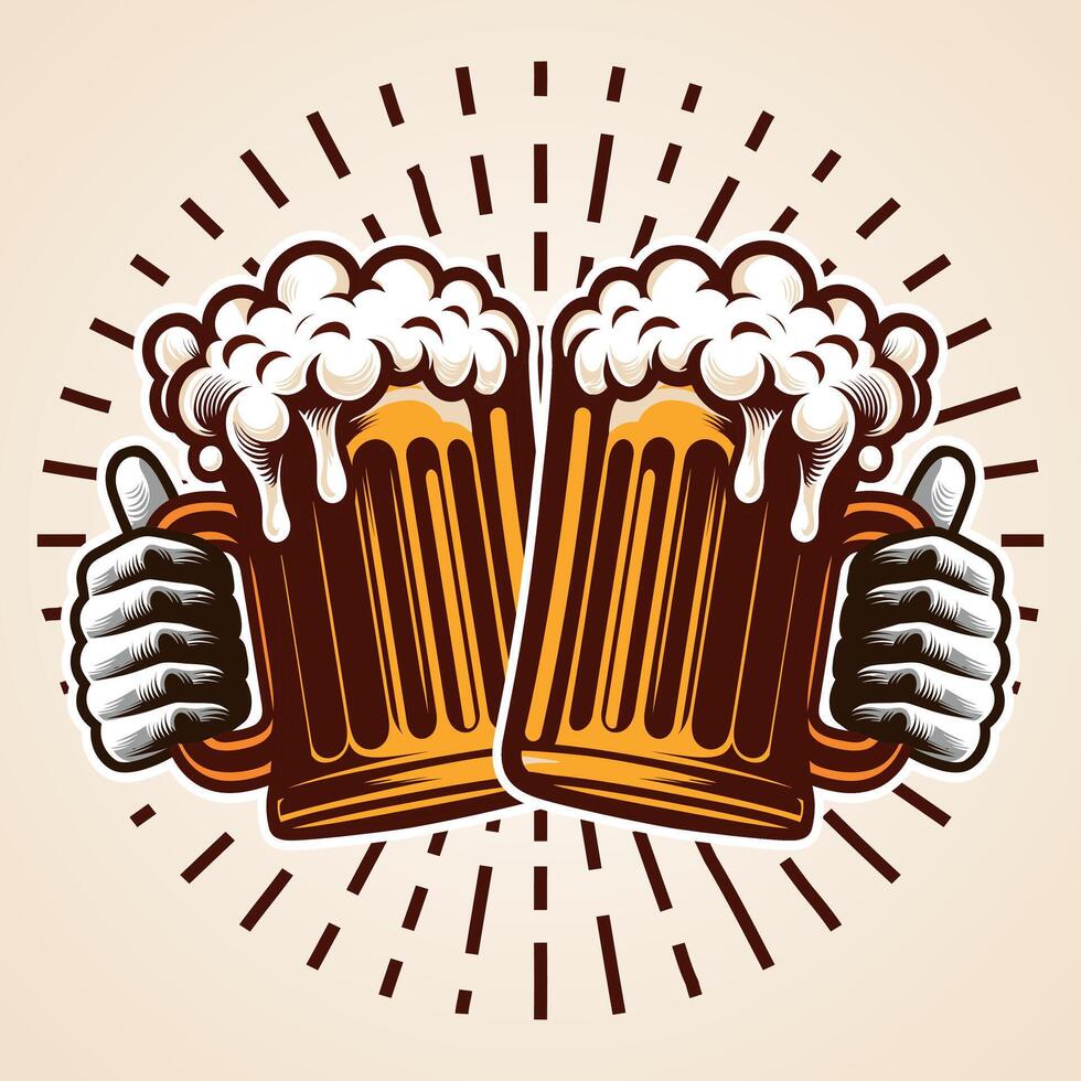 beer mug set with hand celebration lot of foam illustrations Isolated on a white background vector