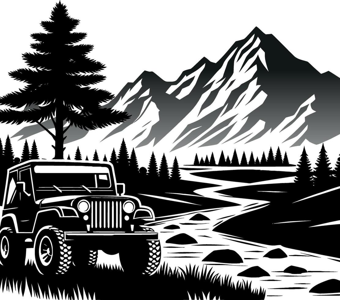long roa driving with vintage vehicle and mountain river and tree scienery illustration vector