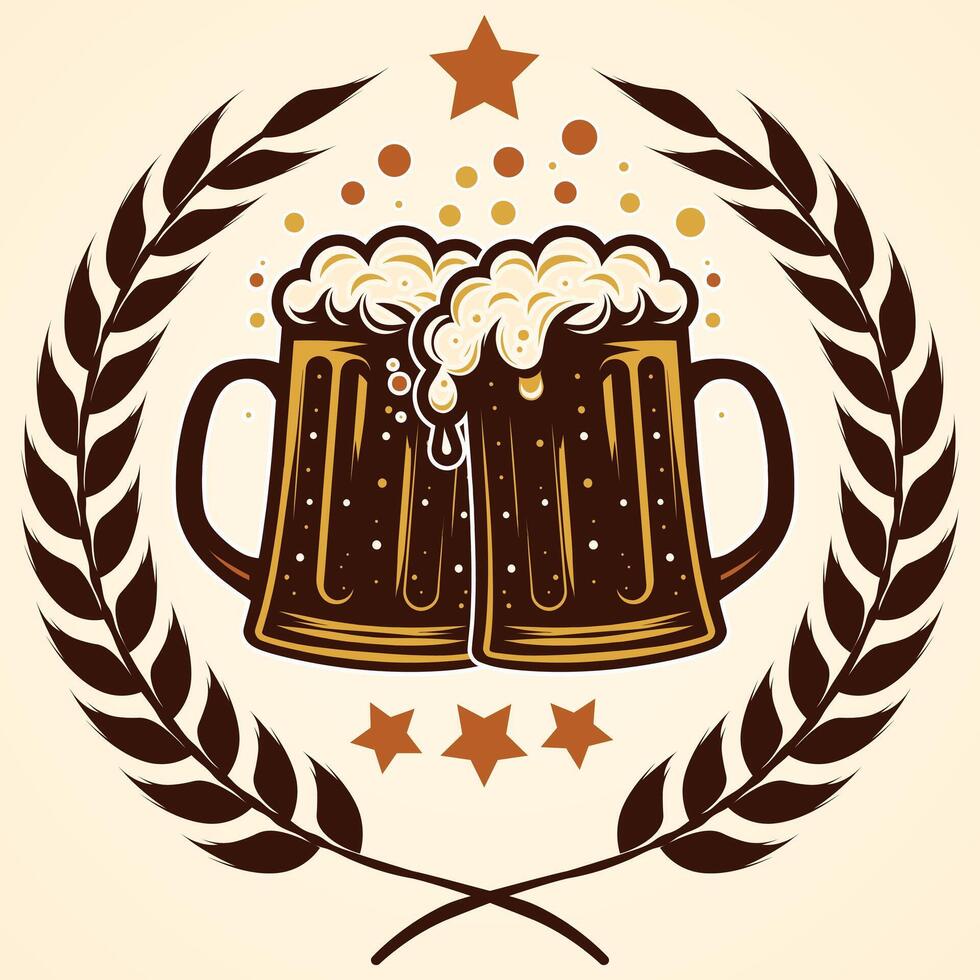 beer mug set with a lot of foam and barley sheaf illustration template isolated on a white background vector