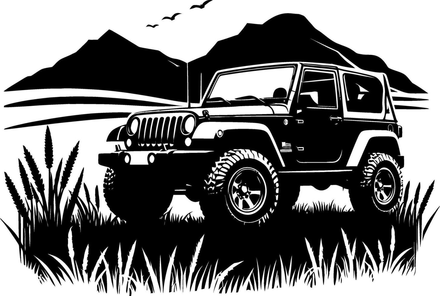 Black and white illustration of a vintage off road vehicle with mountain and grass vector