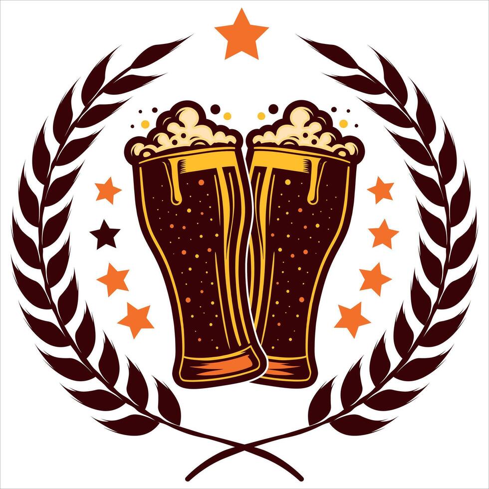 two beer glasses making cheers with a lot of foam and barley sheaf illustration isolated on white background vector