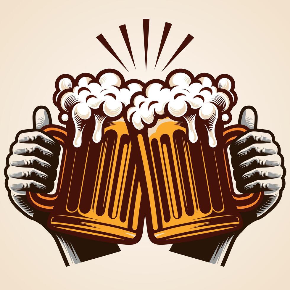 beer mug set celebration with hand lot of foam illustrations Isolated on a white background vector