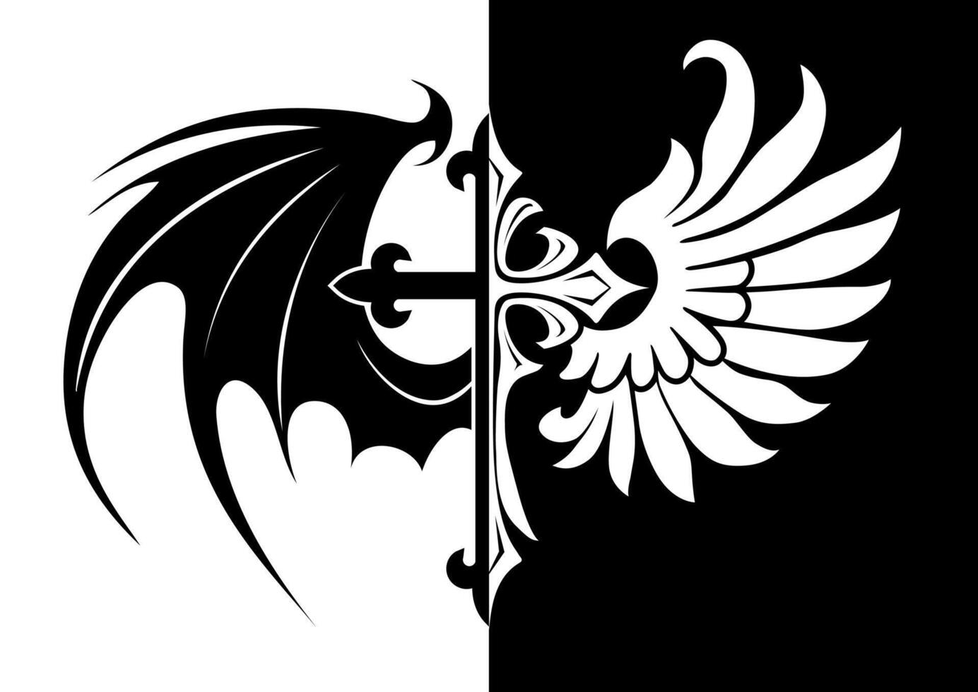 black and white cross with dragon and bird wing, good bad opposite religious symbol vector
