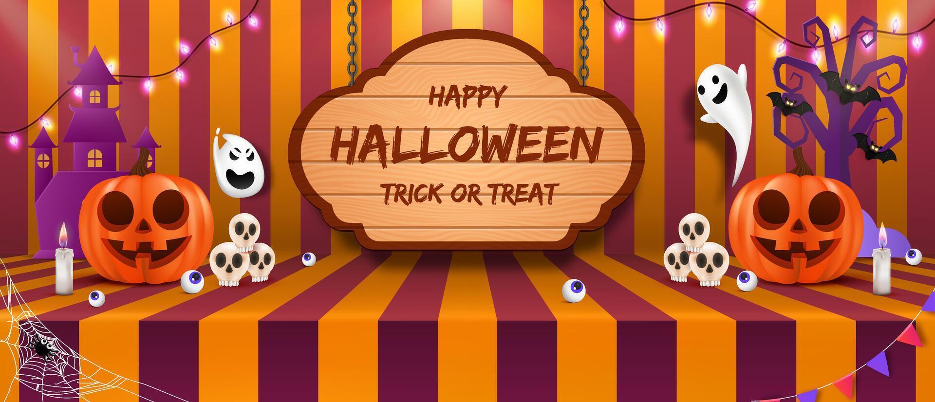 Halloween greeting card background includes pumpkins, playful bats, vibrant flags suitable greeting card, banner dan advertising vector