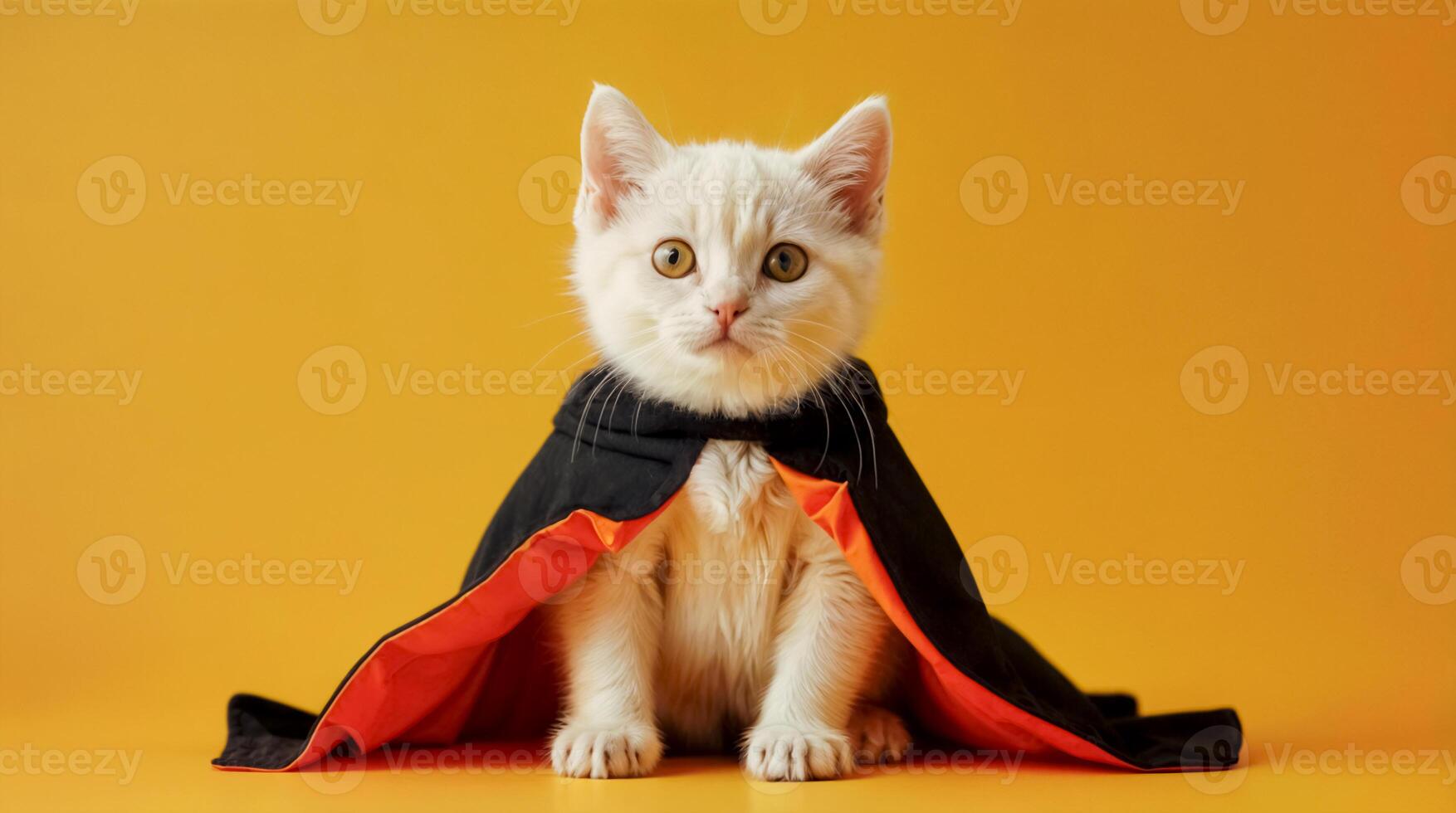 Cute white kitten in Halloween costume isolated on yellow background with copy space. Fluffy kitty in black dracula cape photo
