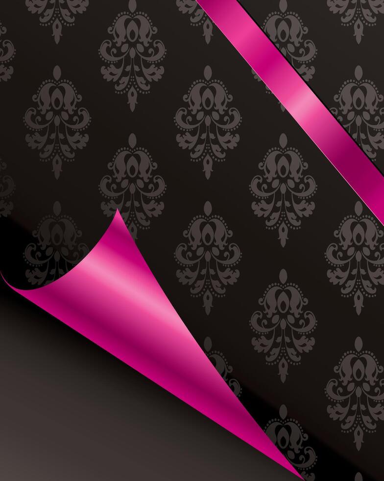 elegant damask pattern with a purple ribbon peeking out from a curled corner vector