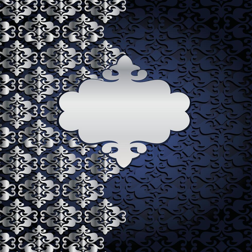 Elegant Silver Damask Frame with intricate patterns on a dark blue background vector