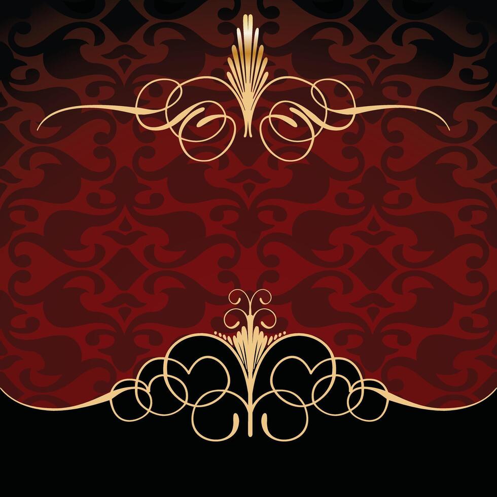 Luxurious Gold Damask Frame with intricate patterns on a dark red background vector