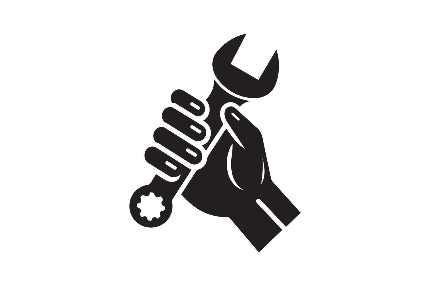 A black and white illustration of a hand holding a wrench vector