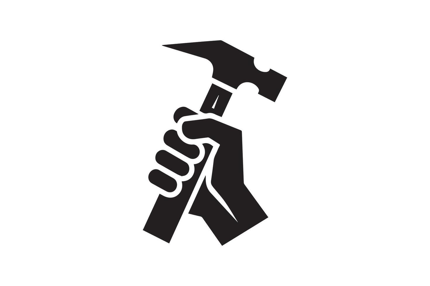 A black and white logo of a hammer and a hand vector