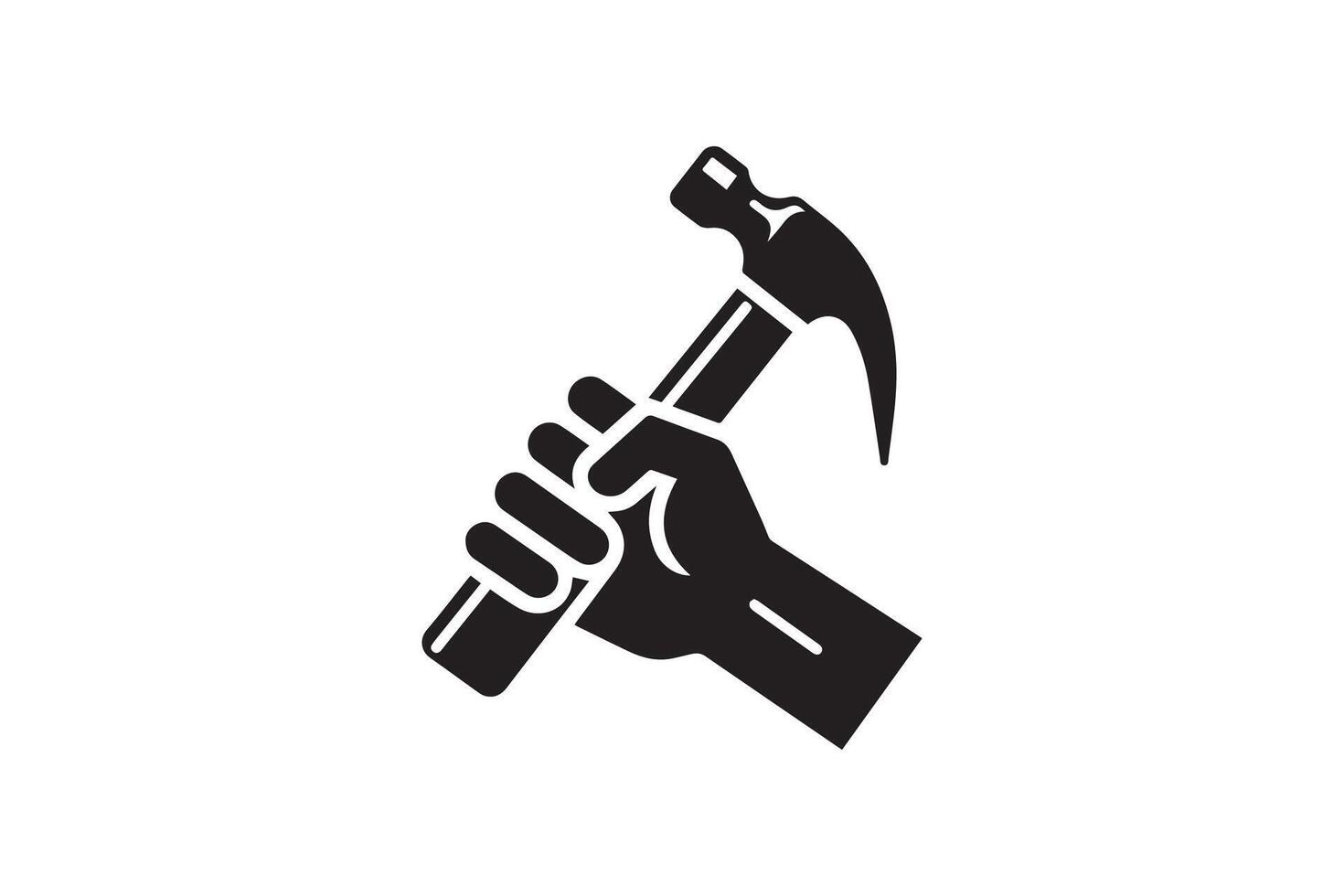 A black and white icon of a hammer and hand vector