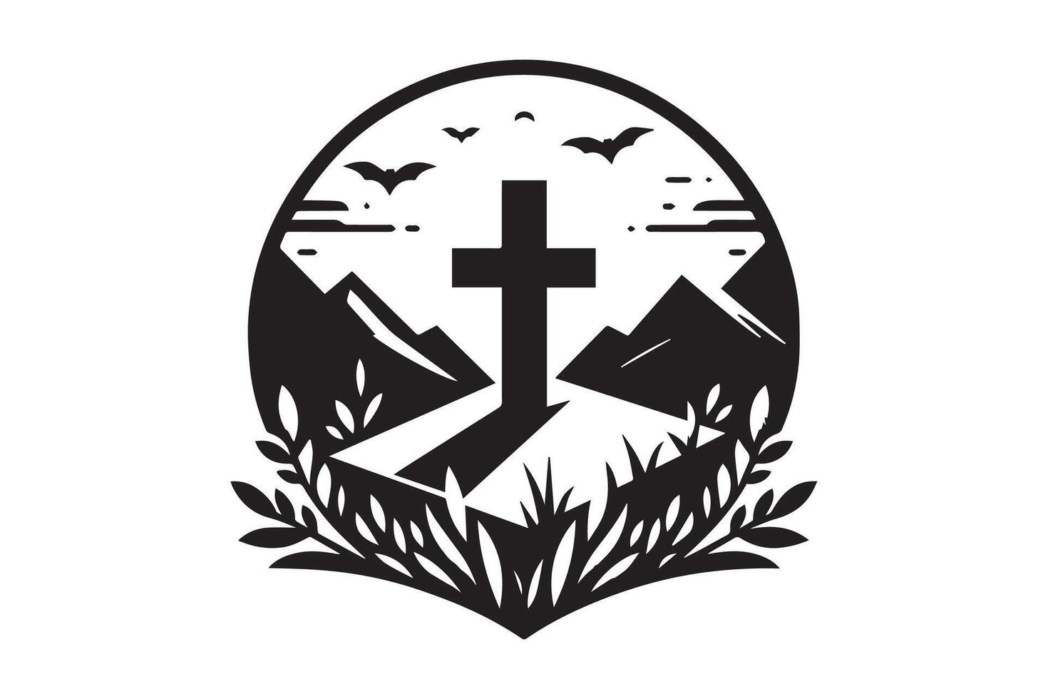 A cross with a mountain in the background and bats flying over it vector